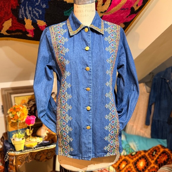 Bob‎ Mackie Vintage Blue Denim Shirt Jacket Floral Embroidered Size Small - Picture 9 of 10